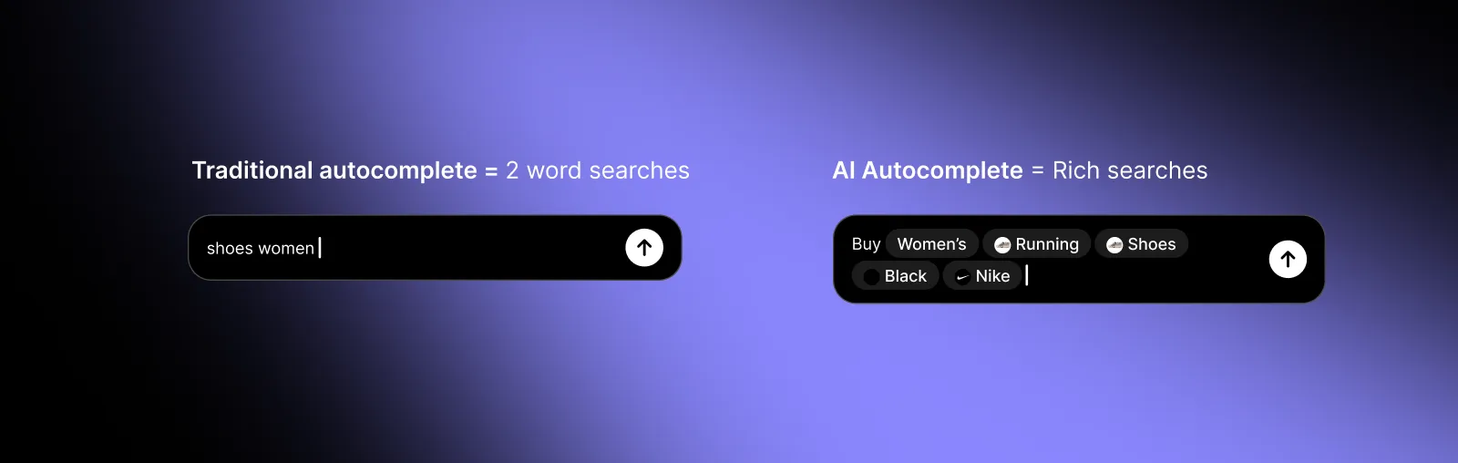 Side-by-side result of a two-word keyword search next to the rich, structured request AI Autocomplete builds before submit