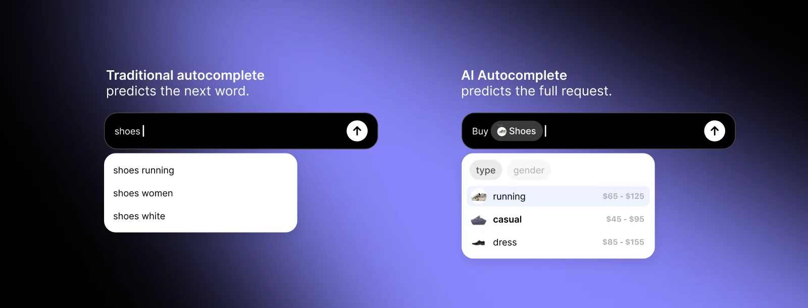 Diagram comparing traditional autocomplete predicting the next keyword with AI Autocomplete predicting the user's full request